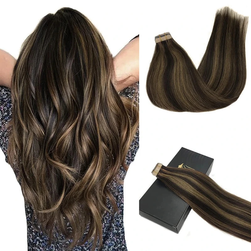 GOO GOO Tape in Hair Extensions human hair,12inch 40g 20pcs, Human Hair Extensions, 2/6 Dark Brown Highlighted Chestnut Brown