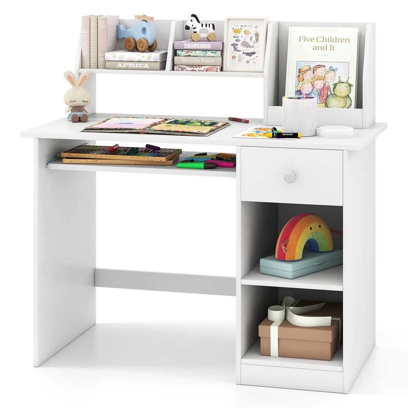 GYMAX Wooden Kids Desk, Children Study Table with Drawer, Tabletop Bookshelf, Keyboard Tray, Shelves & Hutch, White Computer Desk Student Writing Table for Home School Use (White)