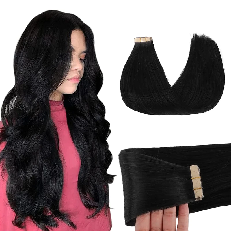 GOO GOO Tape in Hair Extensions human hair, tape Hair Extensions, 14inch 50g 20pcs, 1 Jet Black