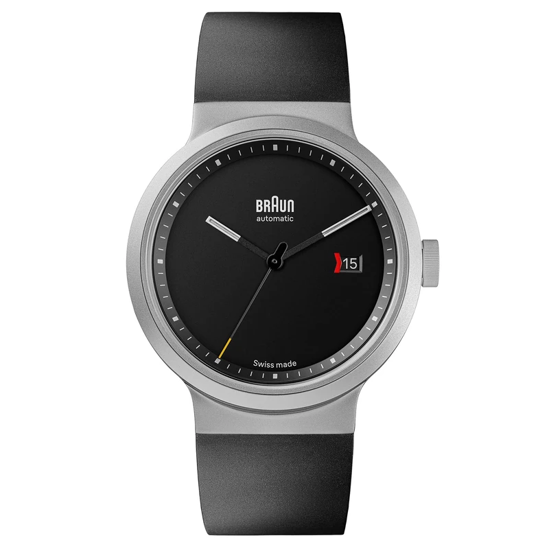 Braun Swiss Made 3-Hand Automatic Analogue Mens Watch with Date, Black Dial and Black Rubber Strap, 40mm Stainless Steel Case, Model BN0279SLBKG