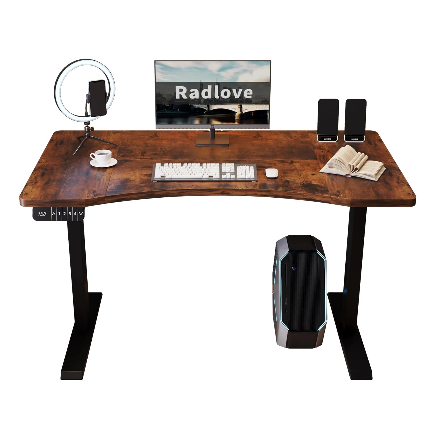 Radlove Dual Motors Height Adjustable 55 x 30'' Electric Standing Desk with Curved Design Stand Up Table 4 Memory Keys, Computer Desk with Splice Board Home Office Desk, Rustic Brown Top + Black Frame