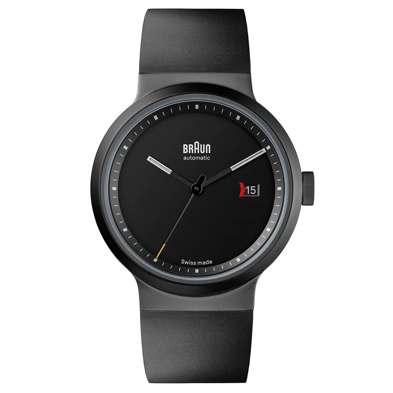 Braun Swiss Made 3-Hand Automatic Analogue Mens Watch with Date, Black Dial and Black Rubber Strap, 40mm Gun Metal Gray Stainless Steel Case, Model BN0279BKGNG