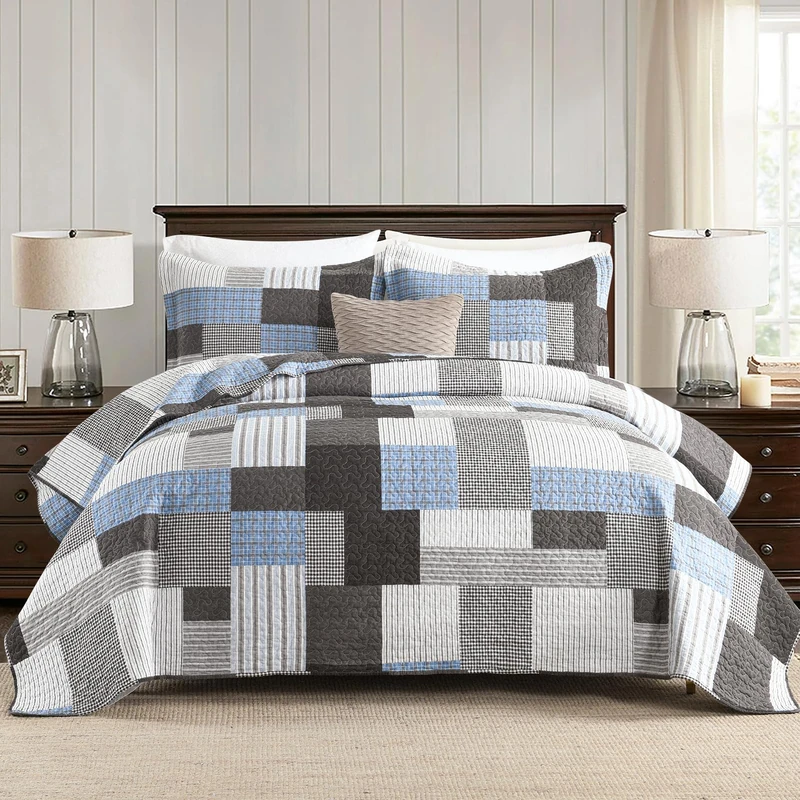 SahSahCasa Quilt Queen Size, Queen Quilt Set, 100% Cotton Queen Quilted Bedding Set Bedspreads, Farmhouse Patchwork Quilts, Plaid Reversible Lightweight Rustic Comforter, Taupe Blue White, 3Pcs