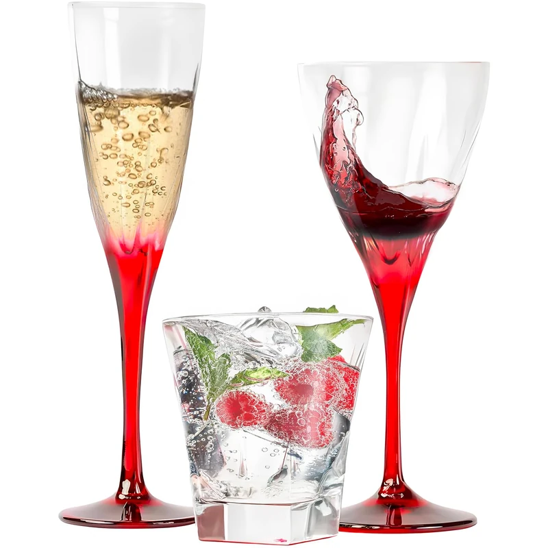 Avilia Set of 18 Glasses – 6 Wine Glasses, 6 Champagne Flutes, 6 Water Glasses, Transparent Glass with Red Details, Elegant for Any Occasion - Image 1