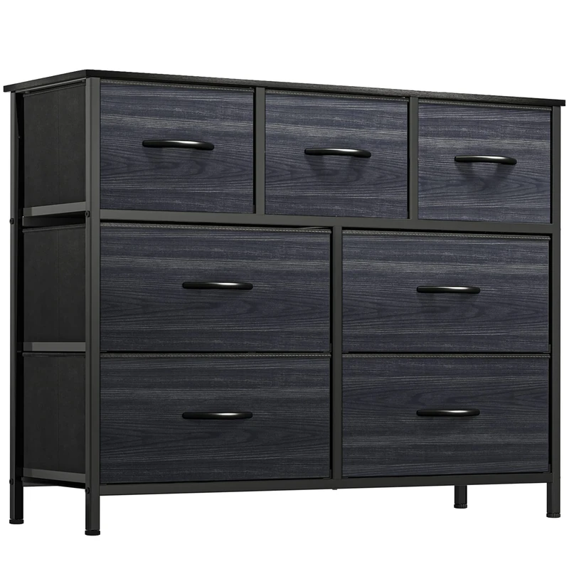 YITAHOME Chest of Drawer Bedroom with 7 Drawers Storage Unit Steel Frame Wood Top Fabric Dresser for Bedroom Living room,Closet,Black wood grain