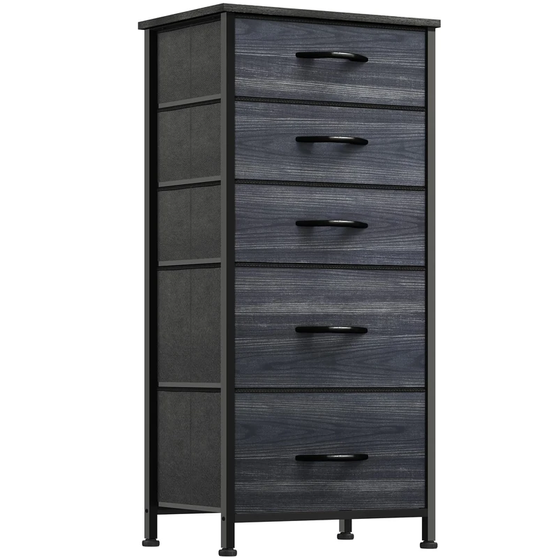 YITAHOME Chest of Drawer Bedroom with 5 Drawers Storage Unit Steel Frame Wood Top Fabric Dresser for Bedroom Living room,Closet,Black wood grain