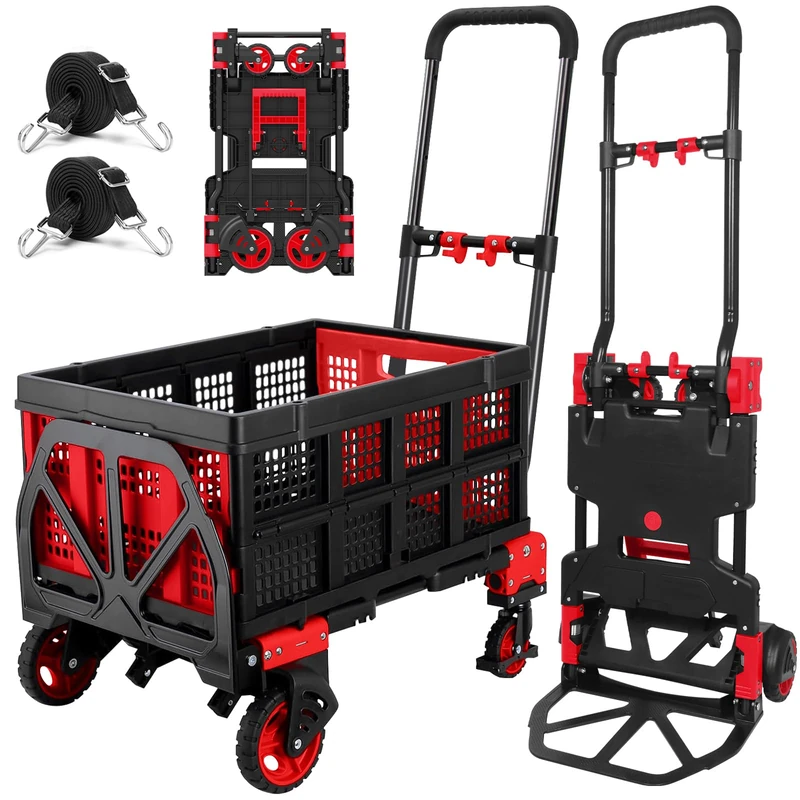 2-in-1 Hand Truck Dolly with Folding Basket,Folding Hand Truck with Rubber Wheels and Telescoping Handle,Heavy Duty Hand Truck with 330lbs Capacity,Portable Dolly Cart with Bungee Cords for Moving.