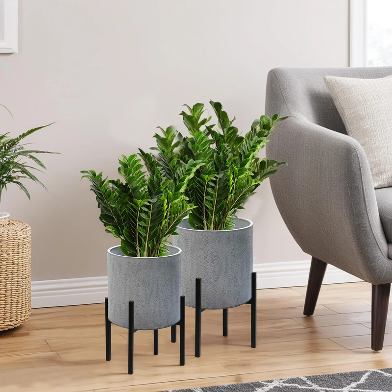 ARNIS Modern Plant Pots, Set of 2 Large Planters with Stand, Decorative Planters, Metal Pots with Drainage Holes for Living Room, Office, Garden or Balcony, 8.25 &10.5 Inch, Dark Cement Matte