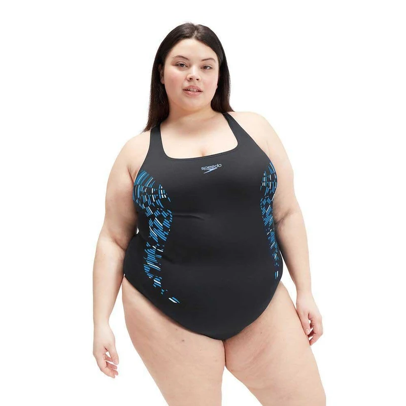 Speedo Women's Plus Size Placement Medalist Swimsuit | Larger Swimwear Sizes, Black/True Cobalt/Curious Blue, 42
