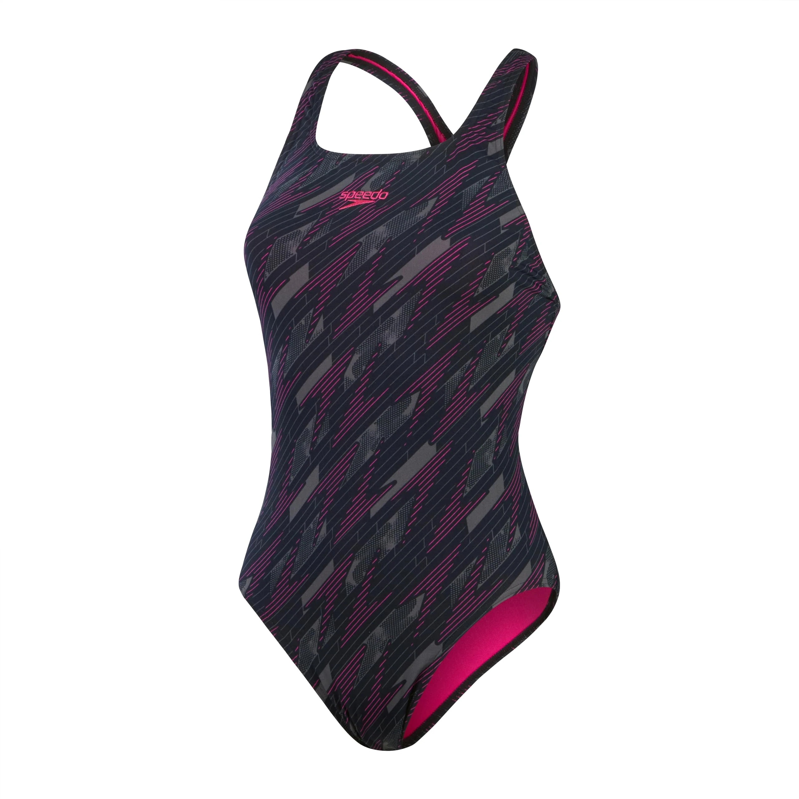 Speedo Women's Boom Logo Allover Medalist Swimsuit | Quick Drying | Fitness | Lined | Chlorine Resistant, Black/Electric Pink/USA Ch, One Size
