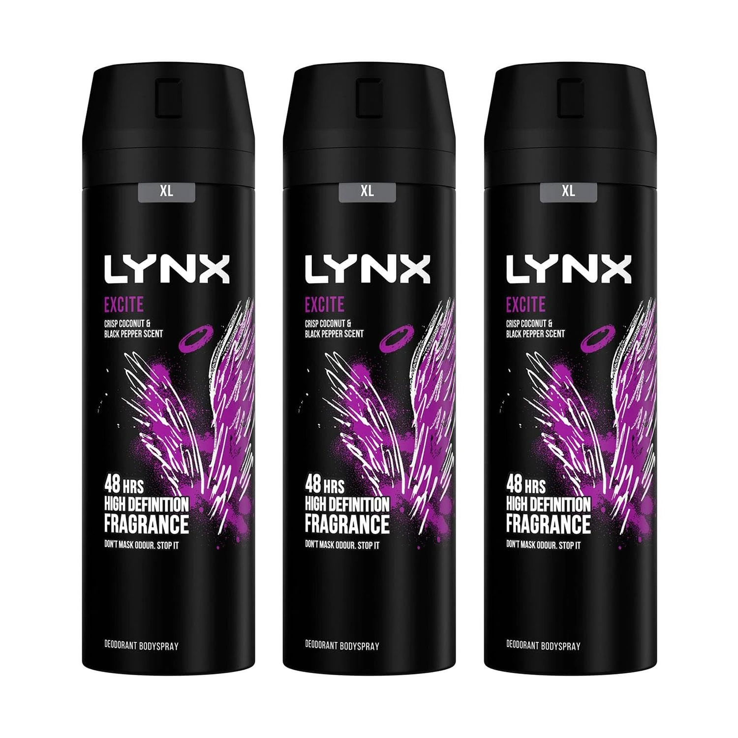 Lynx XL Body Spray 48-Hours High Definition Men's Fragrance Protect from Sweat and Odour with the Unique Scent Masculine Deodorant Spray for Men, 200ml (Excite, Buy 3)