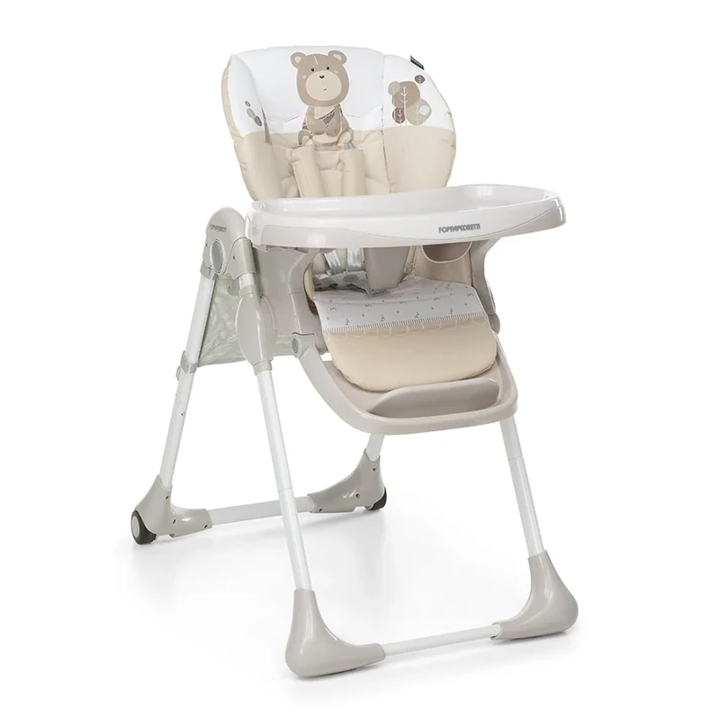 Foppapedretti Meeting Highchair, Children from 6 Months to 3 Years (up to 15 kg), Adjustable Seat/Footrest/Backrest, Storage Basket, Stable and Comfortable, with Washable Padding, Augh