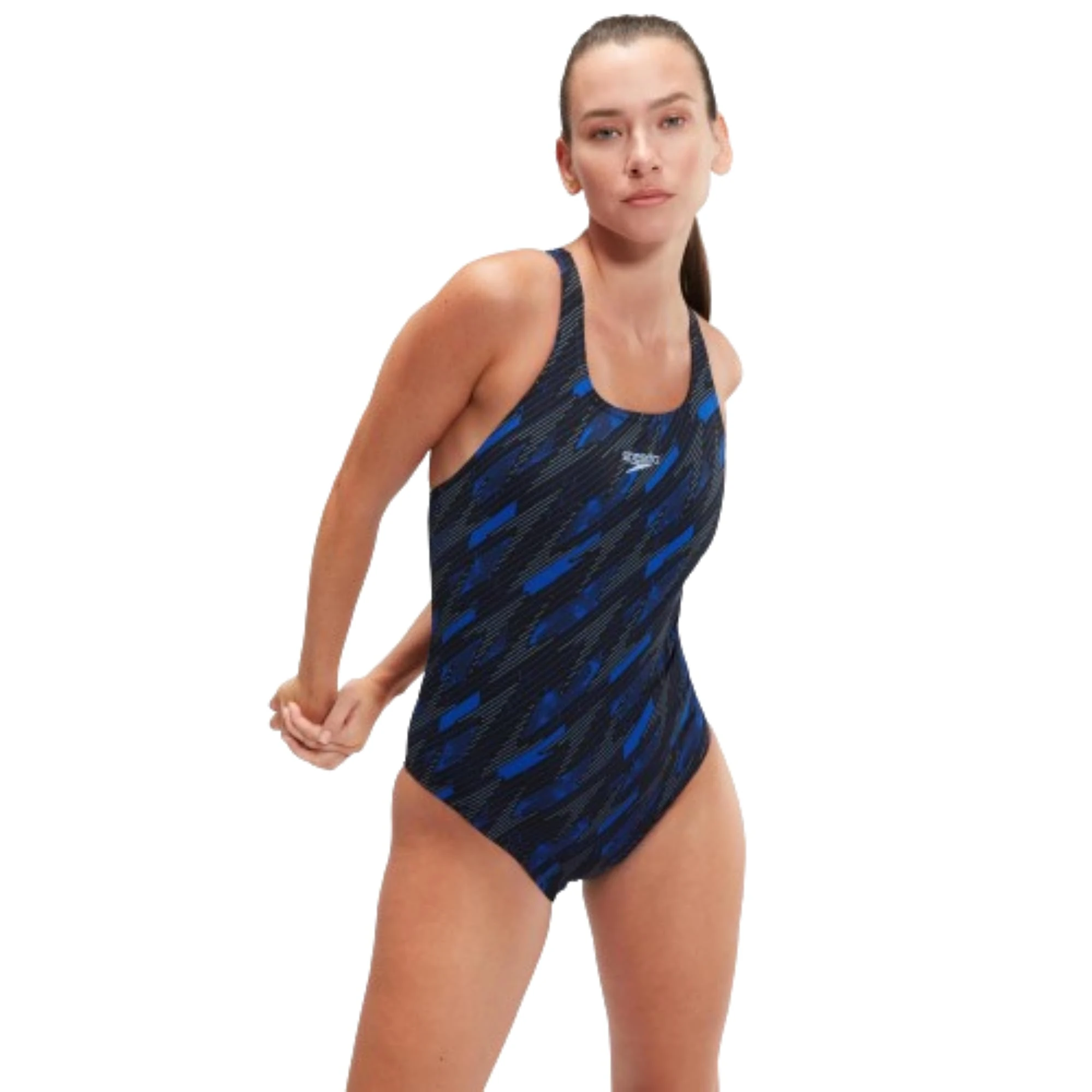 Speedo Women's Boom Logo Allover Medalist Swimsuit | Quick Drying | Fitness | Lined | Chlorine Resistant, Block/True Cobalt/Curious, 36