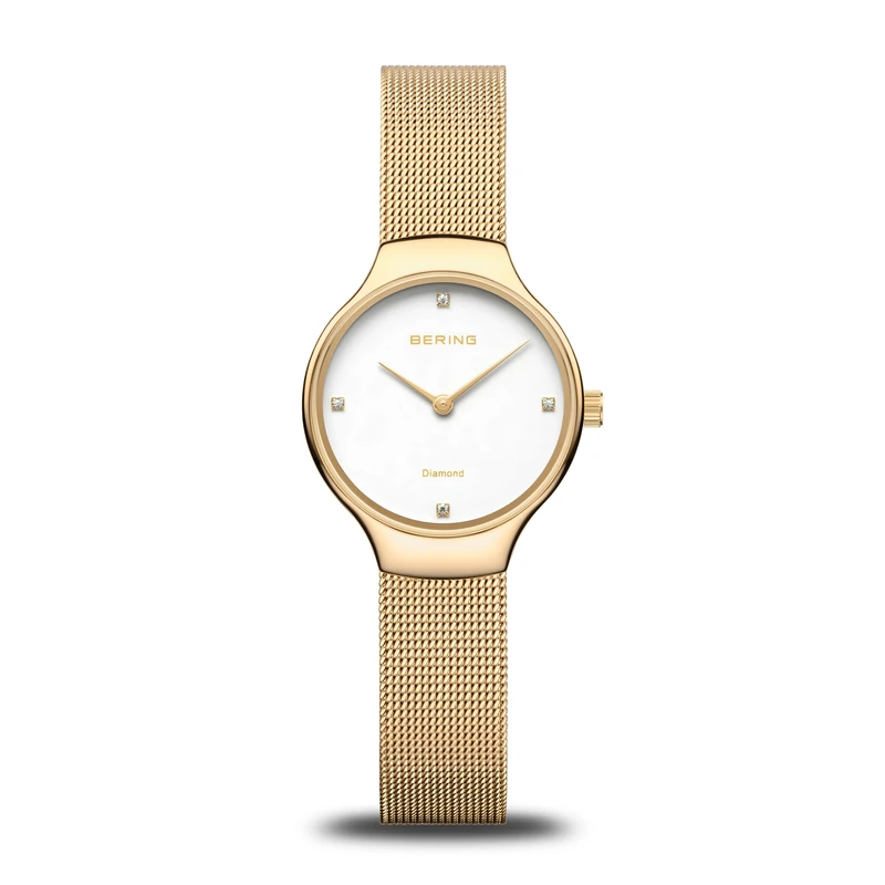 BERING Women's Quartz Watch, 26 mm Gold Stainless-Steel Case and White Dial, Milanese Strap, Sapphire Crystal, 3 ATM, 13326-334