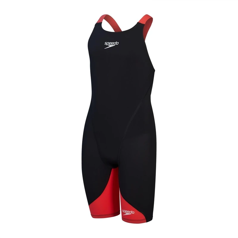 Speedo Girls Fastskin LZR Ignite Kneeskin | Tech Suit | Racewear | FINA Approved, Black/Flame Red, 7-8 - Image 1