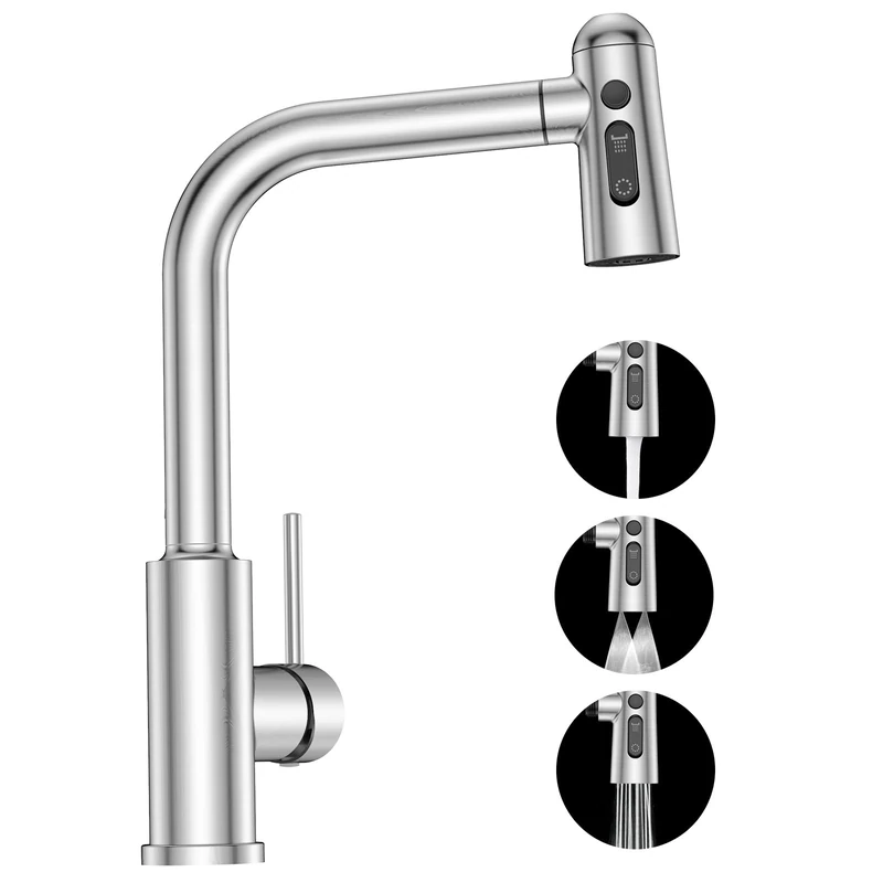 Kitchen Faucet with Extendible Sprayer - SREWOHS PRO Folding Kitchen Sink Mixer Tap with 3 Spray Heads Modes, 360° Rotatable Stainless Steel 1 Hole Kitchen Faucet, Flexible Tap