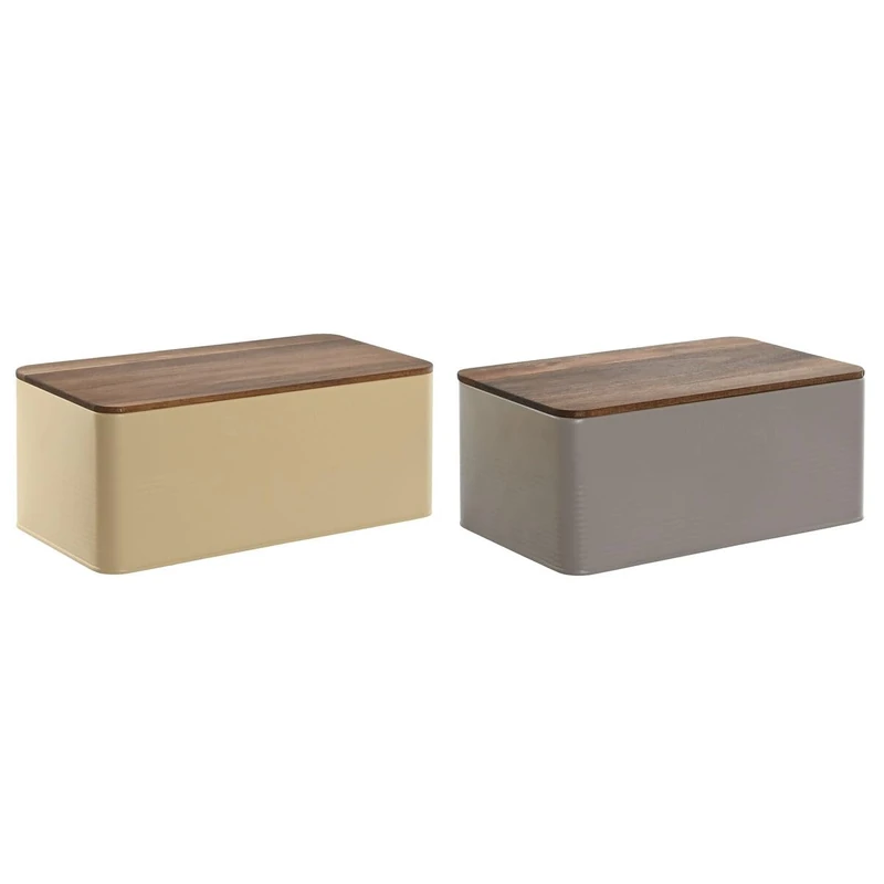 Home ESPRIT Bread Bin Beige Grey Metal Acacia 33 x 18 x 12 cm (Pack of 2)