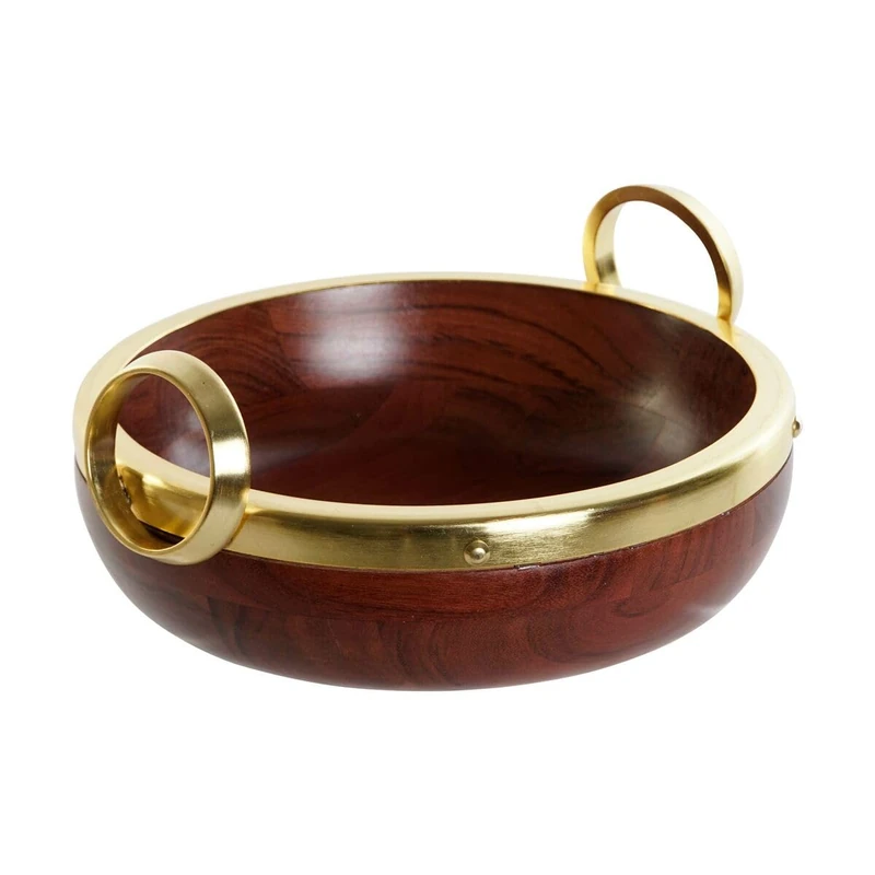 Home ESPRIT Salad bowl Golden Brown Aluminium Acacia 28 x 26 x 12 cm