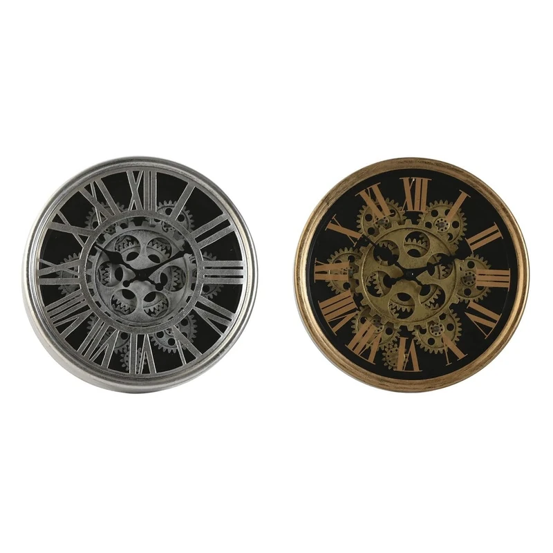 Home ESPRIT Wall Clock Black Gold Silver Metal Glass 25 x 6.3 x 25 cm (2 Units)