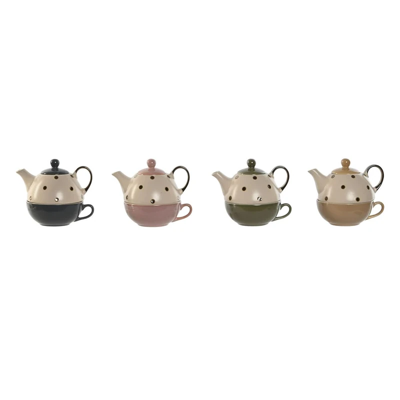 Home ESPRIT Teapot Yellow Green Grey Pink Stoneware 500ml (4 Units)