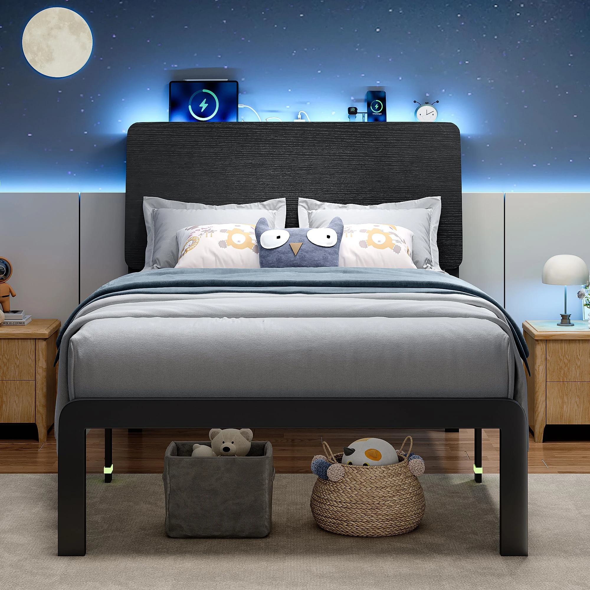 Feonase Twin Bed Frame with Ergonomic Storage Headboard & Charging Station, LED Platform Bed Frame, Heavy Duty Metal Slats, No Box Spring Needed, Easy Assembly, Black