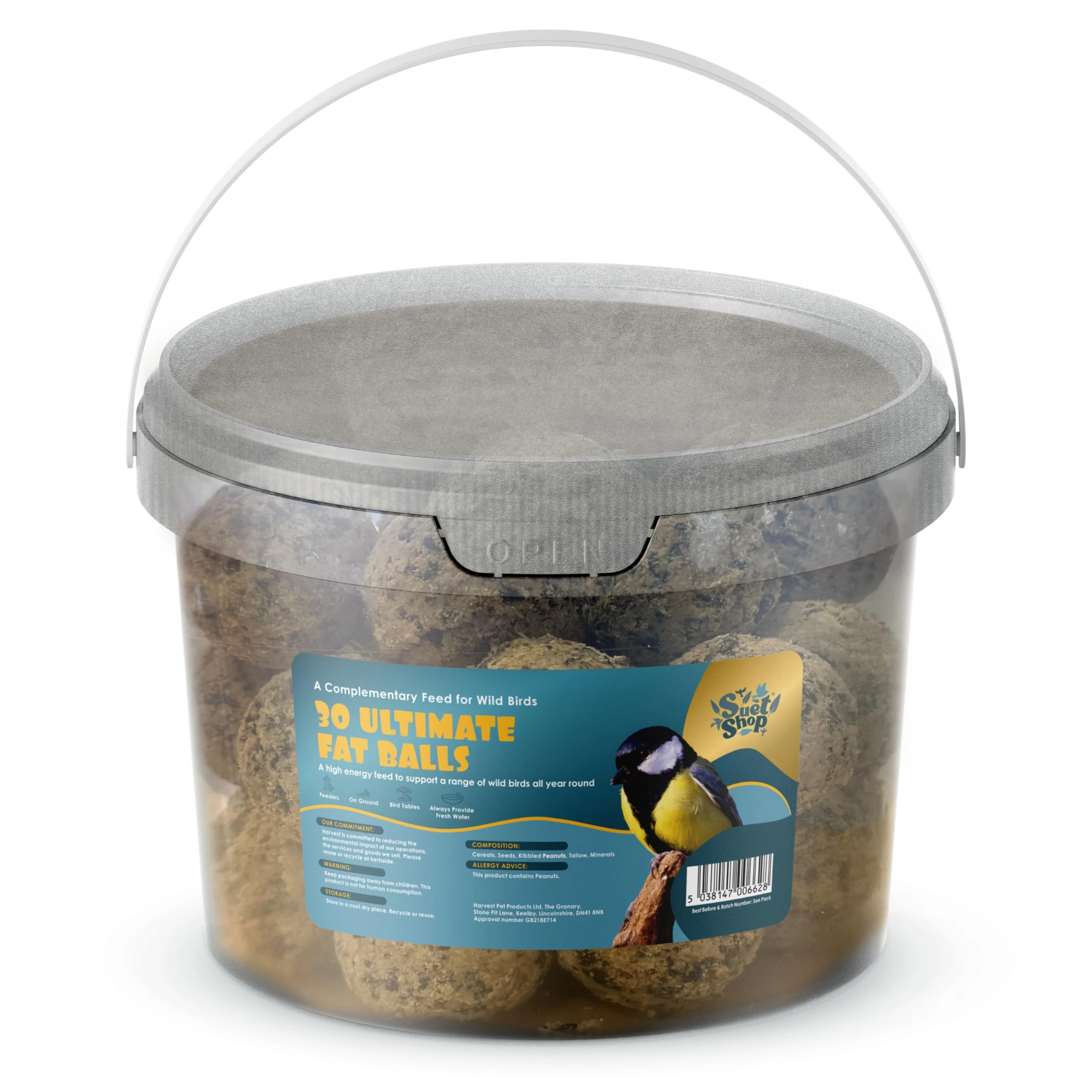 Suet Shop - 30 Ultimate Suet Fat Balls, 3kg Tub - High Energy Bird Food with Human Grade Beef Tallow, Peanuts & Black Sunflower Seeds - All-Season Fat Balls for Wild Birds - Manufactured In The UK