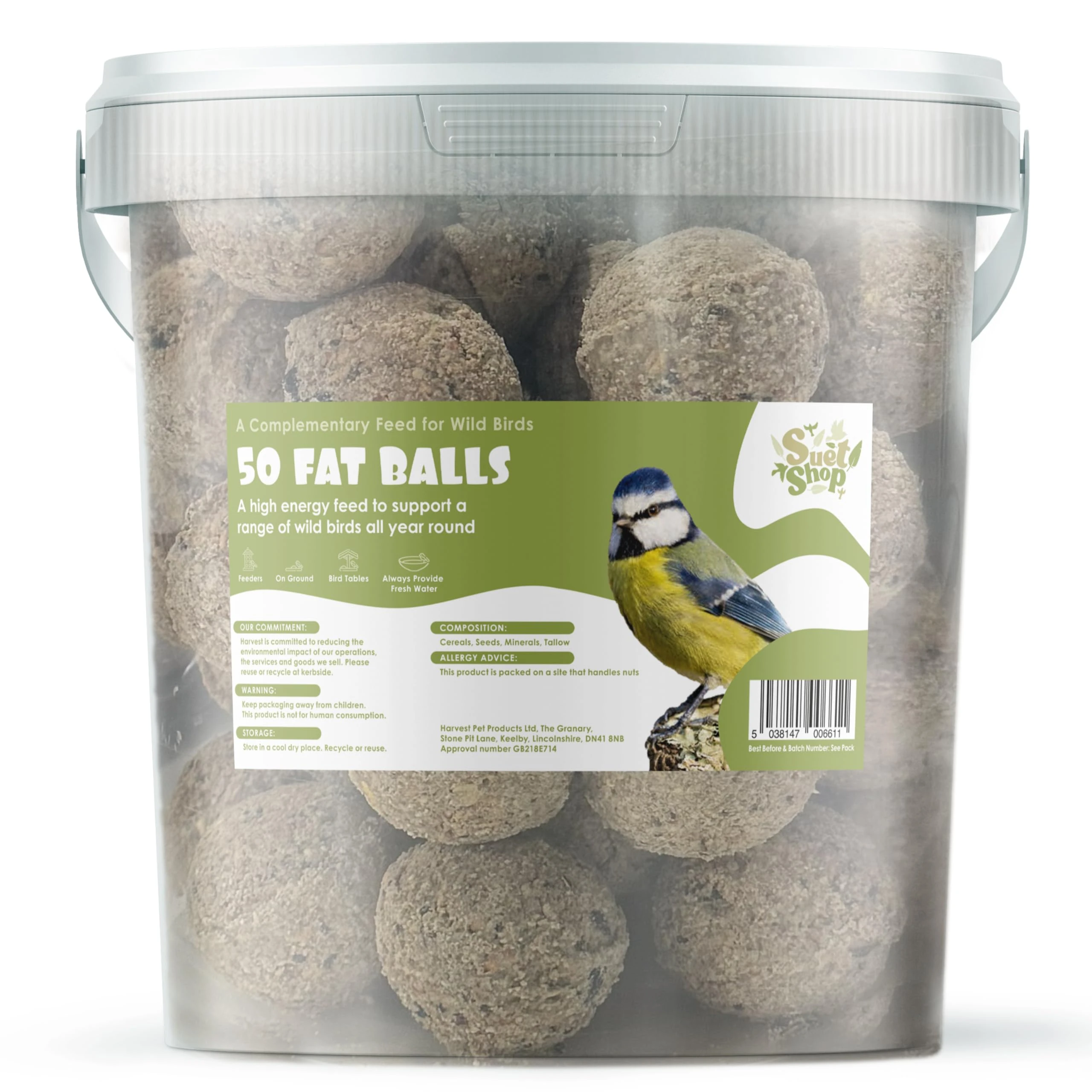 Suet Shop - 50 Suet Fat Balls, 4kg Tub - Enriched with Human Grade Beef Tallow - High Energy Bird Food with Essential Oils & Protein - All-Season Fat Balls for Wild Birds - Manufactured In The UK