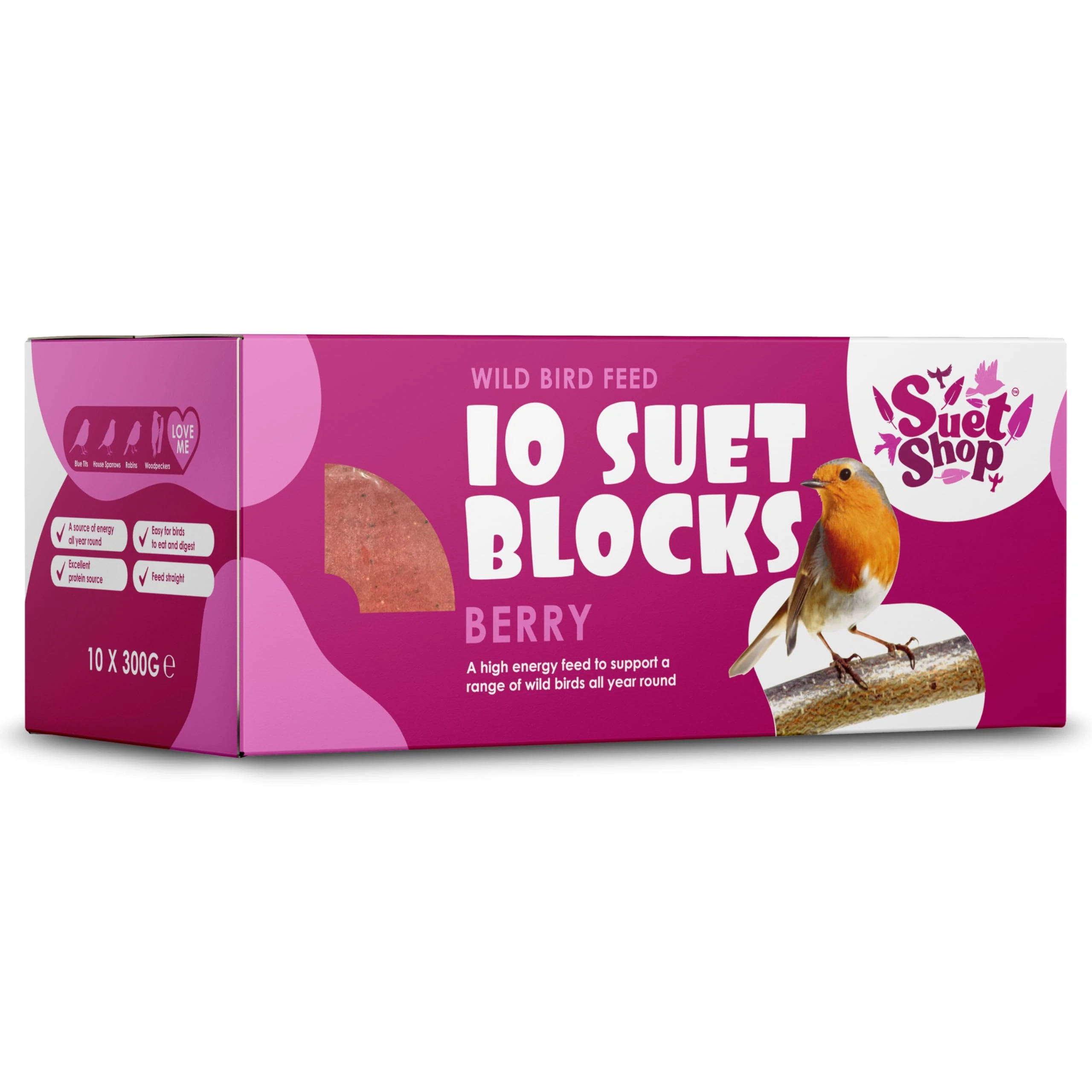 Suet Shop - Berry Flavoured Suet Blocks for Wild Birds, 300g (Pack of 10) - Enriched with Human Grade Beef Tallow, High in Energy & Protein - All-Season Bird Feed - Manufactured In The UK
