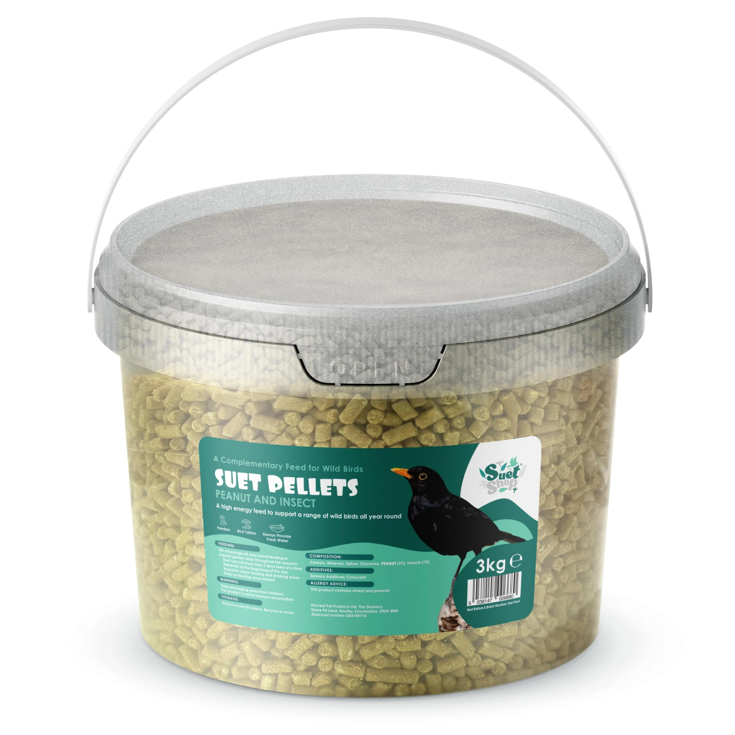 Suet Shop - Peanut & Insect Suet Pellets, 3kg Resealable Tub - Wild Bird Food Enriched with Human Grade Beef Tallow, High in Energy & Protein - All-Season Bird Feed - Manufactured In The UK