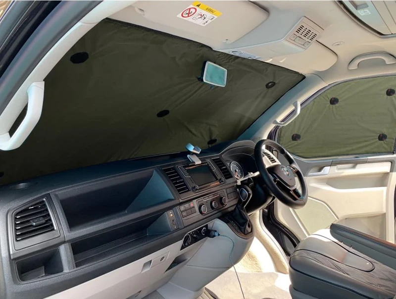 Covprotec Front Set Of Thermal Blinds, Compatible/Replacement For Volkswagen Transporter T5.1 (2010-2015) Backing Colour In Khaki Green