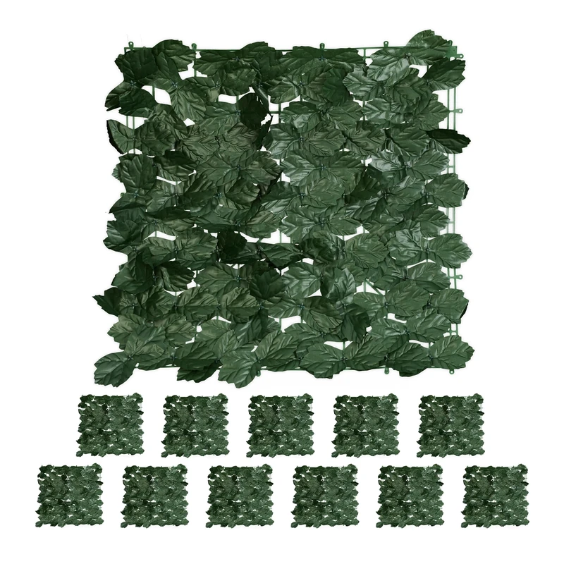 Relaxdays Privacy Screen Ivy, Set of 12, Each Hedge Net 50 x 50 cm, Artificial Leaf Fence, Garden & Balcony, Dark Green, 50 x 50 x 0.5 cm