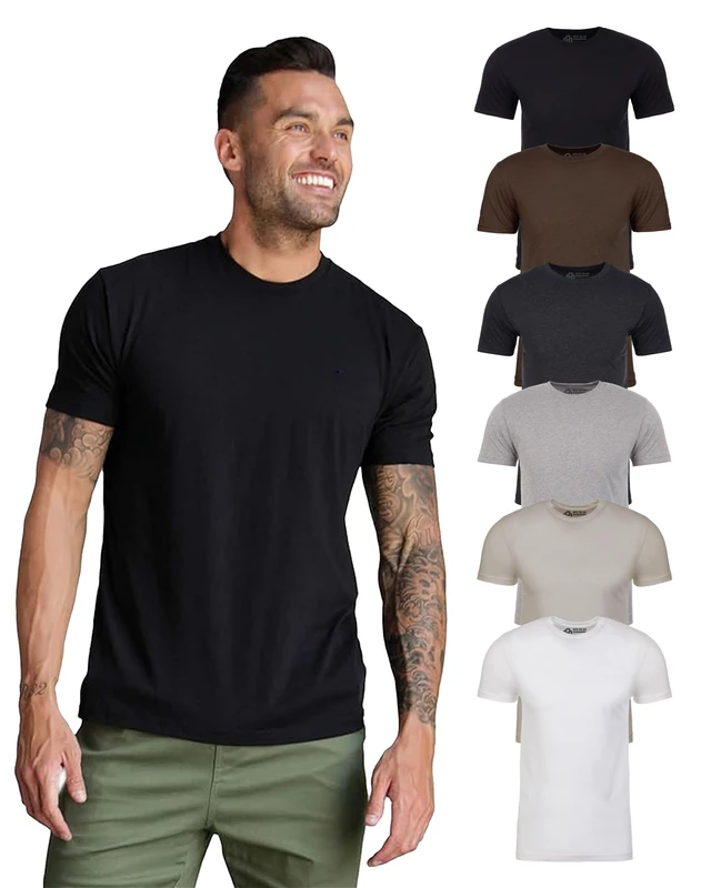 INTO The AM Mens T Shirt - Short Sleeve Crew Neck Soft Fitted Tees S - 4XL Fresh Classic Tshirts, 6-Pack - Black/Espresso/Charcoal/Dark Heather Gray/Sand/White, XL