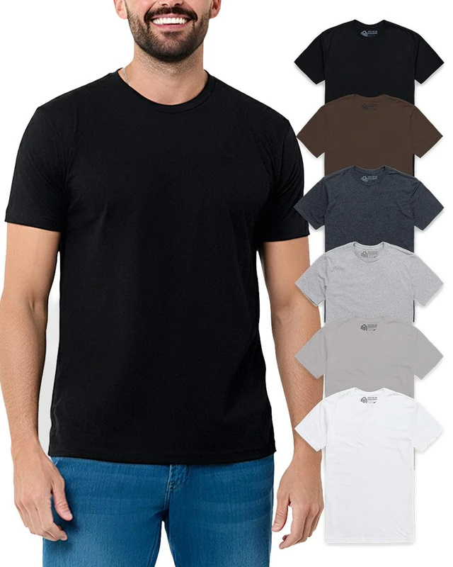 INTO The AM Mens T Shirt - Short Sleeve Crew Neck Soft Fitted Tees S - 4XL Fresh Classic Tshirts, 6-Pack - Black/Espresso/Charcoal/Dark Heather Gray/Sand/White, Large