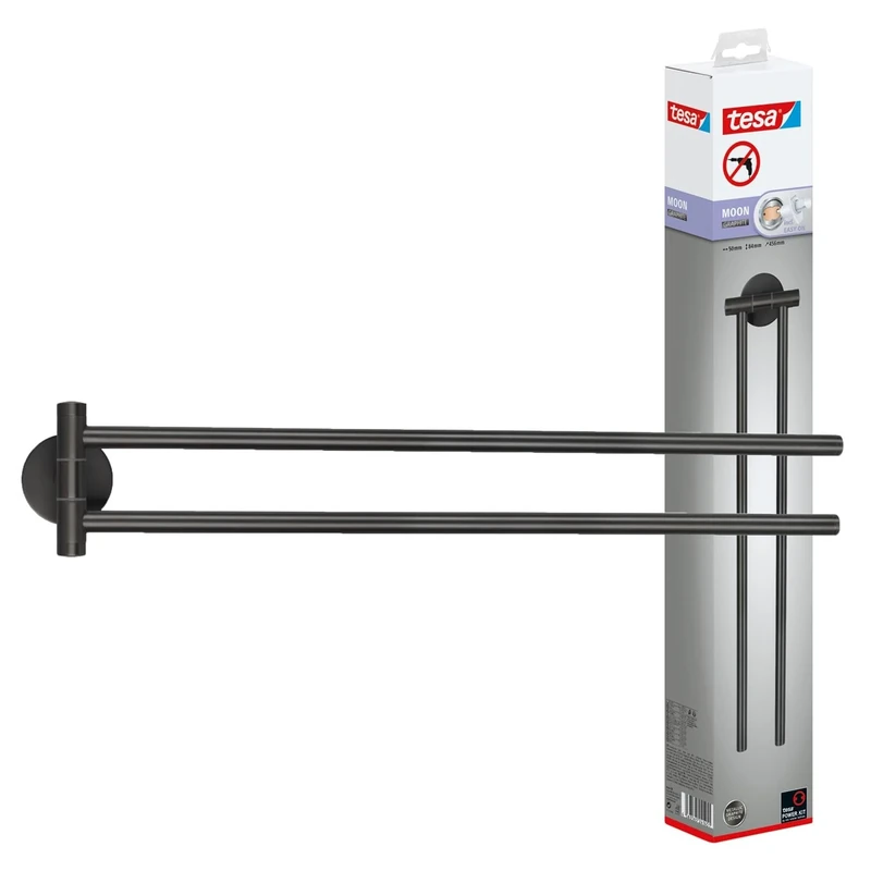tesa Moon Porte Serviettes 2 Bras en Graphite Brossé - Porte Serviettes Autocollant en Métal, Revêtement PVD - sans Perçage avec Solution Adhésive - 84 mm x 50 mm x 456 mm