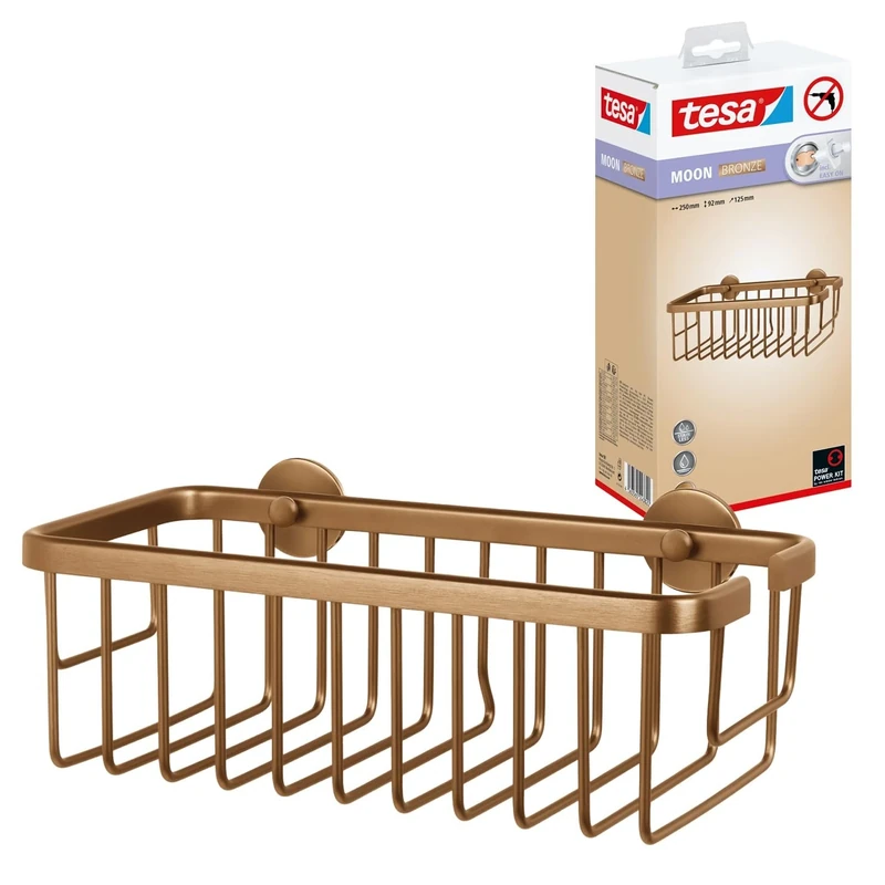 tesa MOON self-adhesive shower caddy in brushed bronze - single tier and extra deep - shower shelf made of PVD-coated metal - drill-free, with adhesive solution - 92 mm x 250 mm x 125 mm