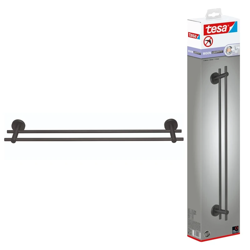 tesa Moon Toallero Autoadhesivo de Doble Barra - Secatoallas de Metal Revestido de PVD, Cepillado en Grafito - sin Taladrar, Incluye Solución Adhesiva - 112 mm x 640 mm x 50 mm