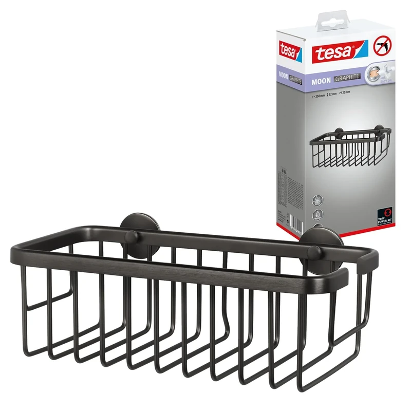 tesa MOON self-adhesive shower caddy in brushed graphite - single tier and extra deep - shower shelf made of PVD-coated metal - drill-free, with adhesive solution - 92 mm x 250 mm x 125 mm