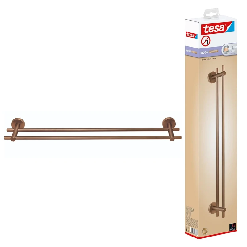 tesa UK Double Towel Rail, Brushed Bronze, PVD-coated Metal, Self-Adhesive, 112 mm x 640 mm x 50 mm