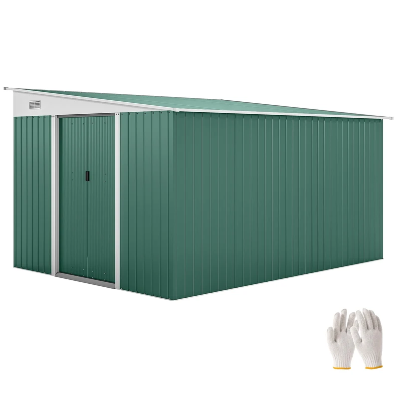 Outsunny 11.3 x 9.2ft Lean to Metal Garden Shed, Outdoor Galvanised Tool Storage House with Double Sliding Doors and 2 Air Vents, Green