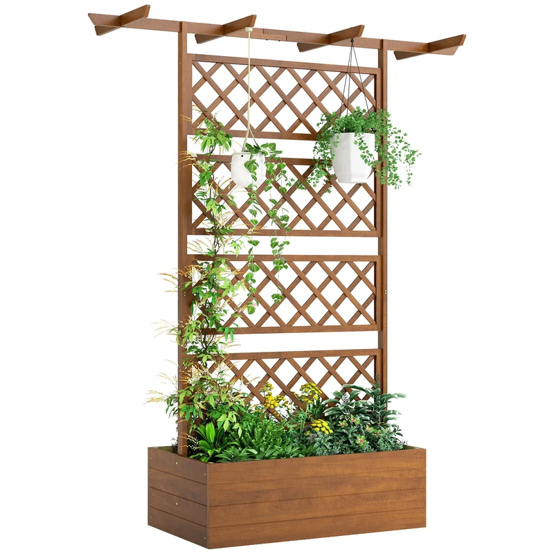 Outsunny Wood Planter with Trellis, Raised Garden Bed Privacy Screen Planter Box to Grow Vegetables, Herbs and Flowers for Garden, Patio, Deck, Orange