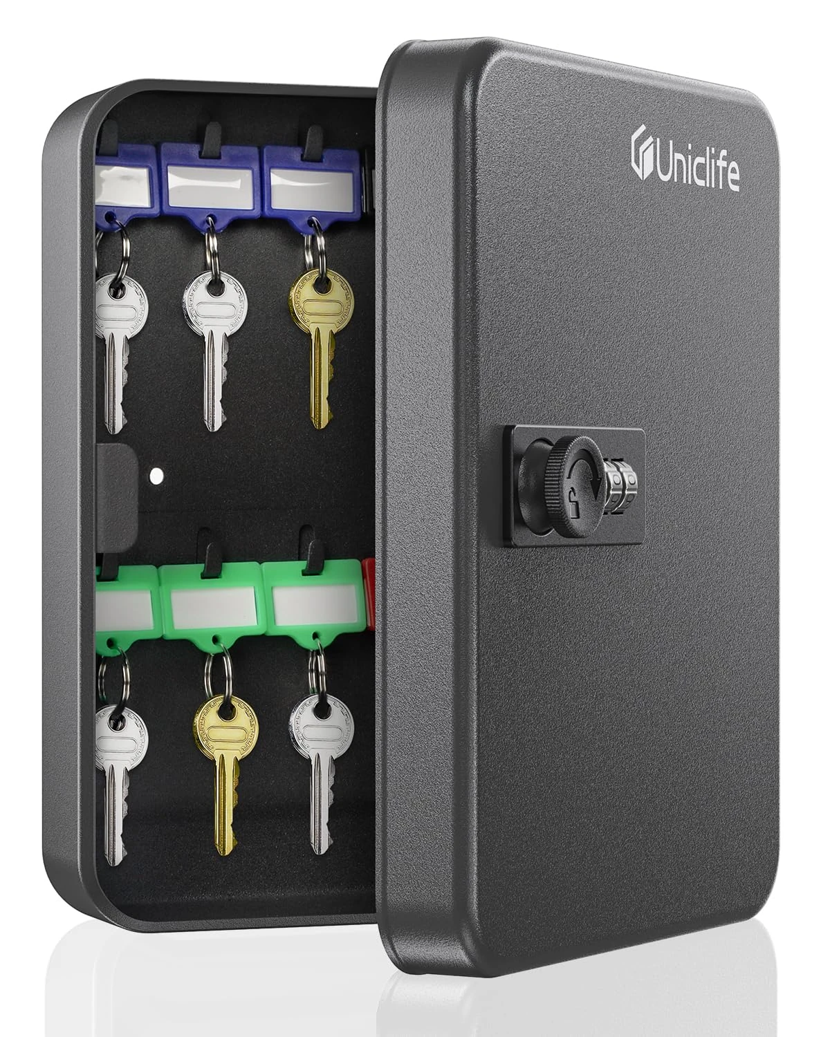 Uniclife 20 Position Key Cabinet with Combination Lock Resettable Black Digital Security Storage Box Steel Key Organizer with Colorful Key Tag Labels Stickers and Hooks
