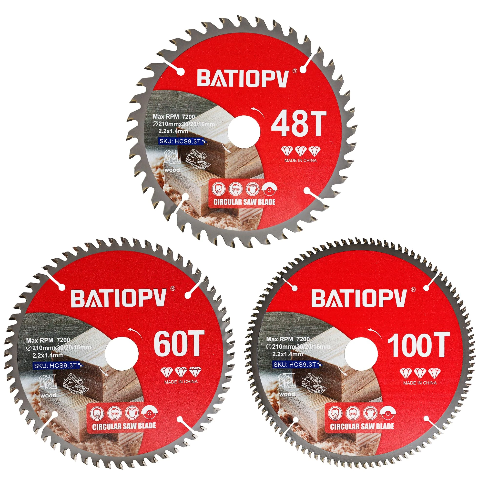 BATIOPV Fine Cutting Circular Saw Blades for Wood – 210mm x 30mm TCT – 3 Pack (48/60/100 Teeth) – Compatible with Bosch, Makita, Dewalt