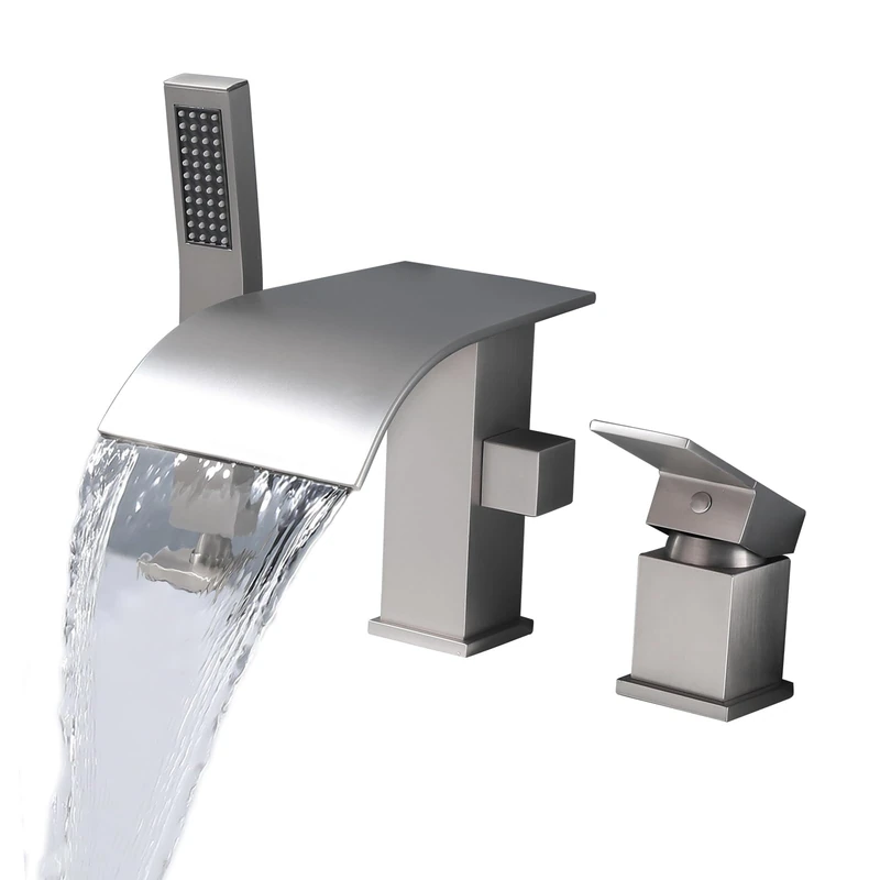 FSCEPIXI Roman Waterfall Bath Tap with Hand Shower, Bridge Mount, Widespread Brass, 3 Holes, Bathtub Shower Faucet Set