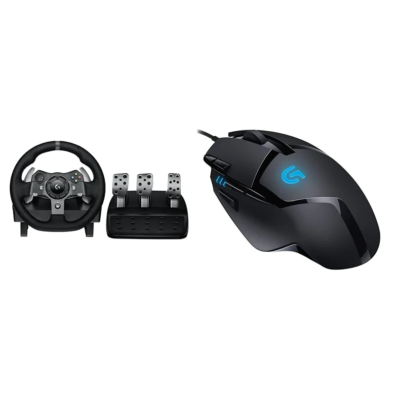 Logitech G G920 Driving Force Racing Wheel and Floor Pedals, Real Force Feedback & 02 Hyperion Fury Wired Gaming Mouse, 4,000 DPI, Lightweight, 8 Programmable Buttons, DPI Switch Button