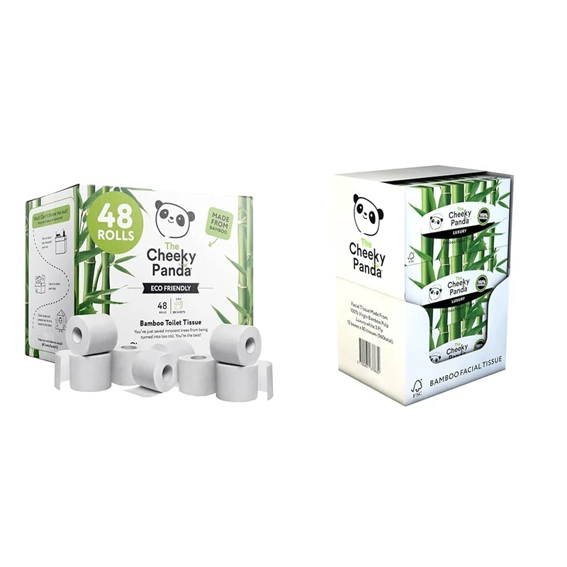 The Cheeky Panda Bamboo Toilet Rolls Bulk Buy – 48 Rolls of 3 Ply Toilet Paper | Plastic Free Packaging & Bamboo Facial Tissues Box Multipack | 12 Boxes (960 Tissues)