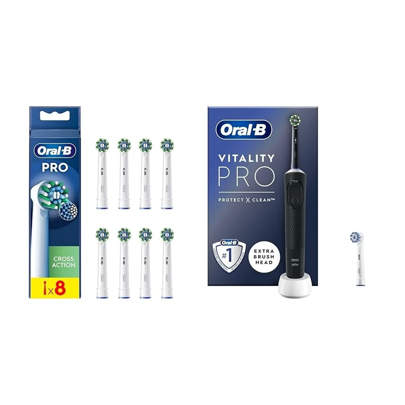 Oral-B Pro Cross Action Electric Toothbrush Head, X-Shape and Angled Bristles & Vitality Pro Electric Toothbrushes for Adults, Christmas Gifts for Women/Him, 1 Handle, 2 Toothbrush Heads