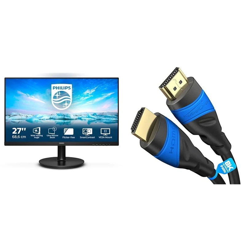PHILIPS 271V8La - 27 Inch Fhd Monitor, 75Hz, 4Ms, Va, Speakers(1920 X 1080, 250 Cd/M2 & HDMI Cable 8K / 4K – 0.25m – with A.I.S Shielding – Designed in Germany (supports all HDMI devices like PS5/Xbox