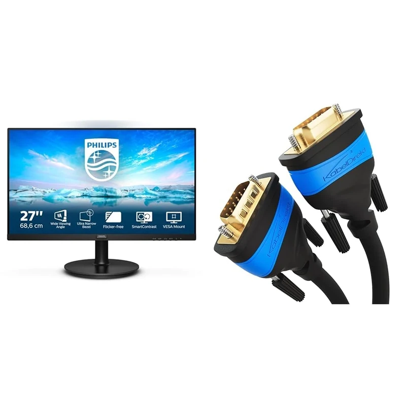 PHILIPS 271V8La - 27 Inch Fhd Monitor, 75Hz, 4Ms, Va, Speakers, (1920 X 1080, 250 Cd/M2 & KabelDirekt VGA cable – 3m – for maximum video quality thanks to high-purity copper conductors