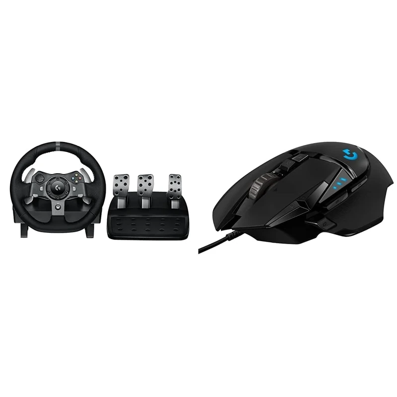 Logitech G G920 Driving Force Racing Wheel and Floor Pedals, Real Force Feedback & 02 HERO High Performance Wired Gaming Mouse, 25K Sensor, 25,600 DPI, RGB, Adjustable Weights