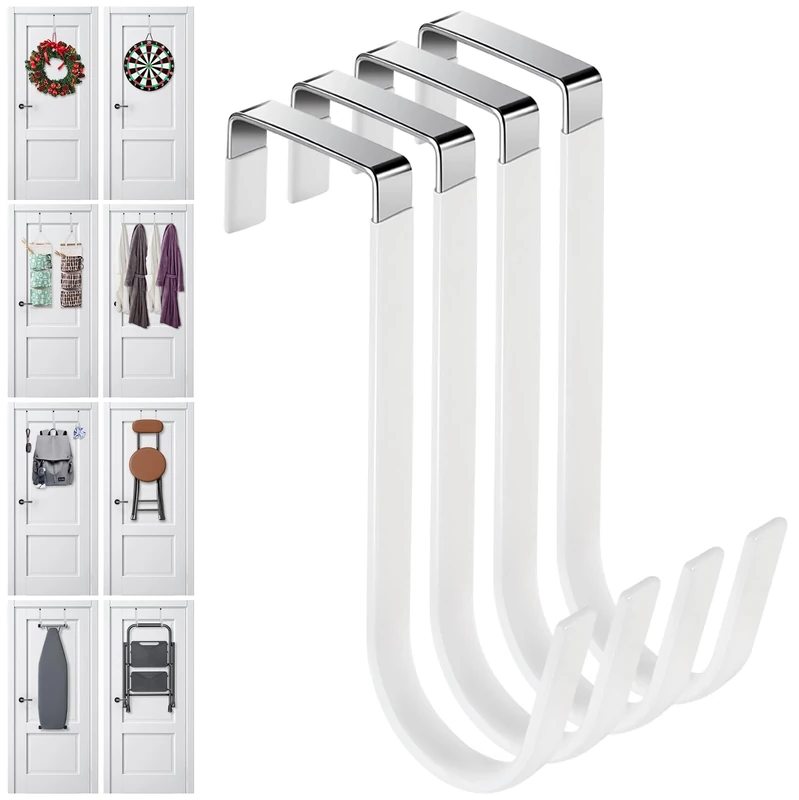 Damita Over The Door Hooks 4 Packs, Over The Door Towel Hanger for Coat, Overdoor Hangers Back of Door Hook, Sturdy Stainless Steel Hooks with Anti-Scratch Rubber Surface for Hanging Coats White